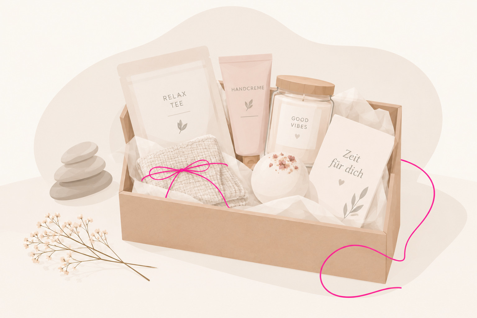 Wellness-Geschenkbox mit Pflegeprodukten und kleinen Aufmerksamkeiten